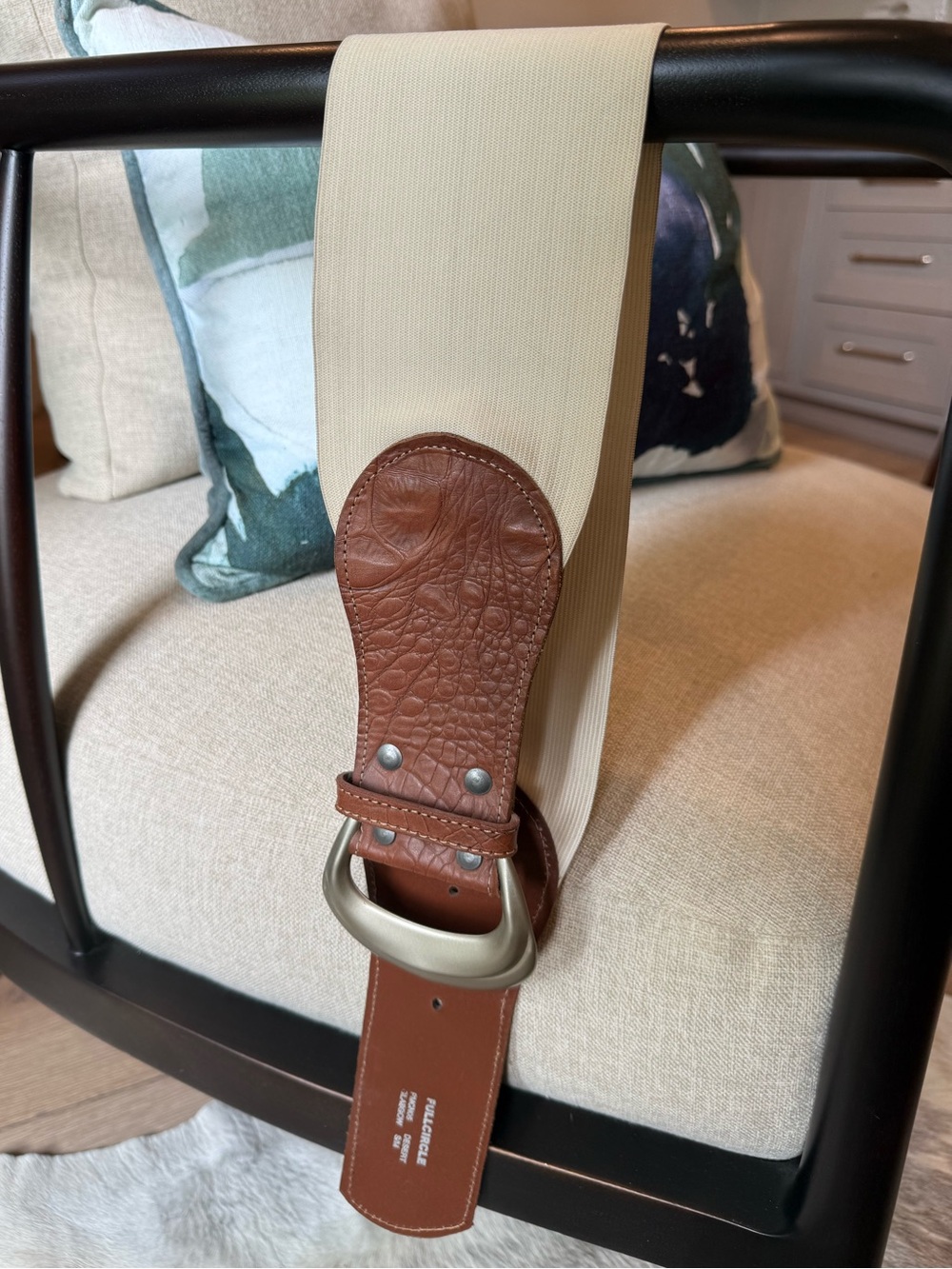 Anthropologie Cream Elastic Wait Belt with Croc embossed Brown Leather Trim